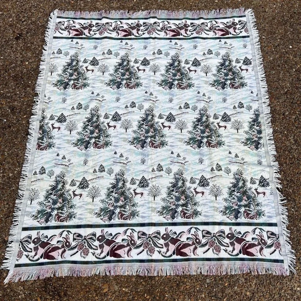 Vintage Winter Woodland Woven Tapestry Throw Blanket Christmas Trees Deer Rabbit
